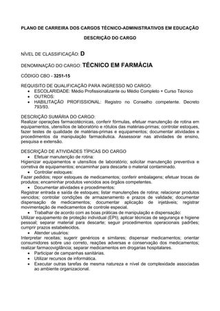 PLANO DE CARREIRA DOS CARGOS TÉCNICO-ADMINISTRATIVOS EM EDUCAÇÃO
DESCRIÇÃO DO CARGO
NÍVEL DE CLASSIFICAÇÃO: D
DENOMINAÇÃO DO CARGO: TÉCNICO EM FARMÁCIA
CÓDIGO CBO - 3251-15
REQUISITO DE QUALIFICAÇÃO PARA INGRESSO NO CARGO:
• ESCOLARIDADE: Médio Profissionalizante ou Médio Completo + Curso Técnico
• OUTROS:
• HABILITAÇÃO PROFISSIONAL: Registro no Conselho competente. Decreto
793/93.
DESCRIÇÃO SUMÁRIA DO CARGO:
Realizar operações farmacotécnicas, conferir fórmulas, efetuar manutenção de rotina em
equipamentos, utensílios de laboratório e rótulos das matérias-primas; controlar estoques,
fazer testes de qualidade de matérias-primas e equipamentos; documentar atividades e
procedimentos da manipulação farmacêutica. Assessorar nas atividades de ensino,
pesquisa e extensão.
DESCRIÇÃO DE ATIVIDADES TÍPICAS DO CARGO
• Efetuar manutenção de rotina:
Higienizar equipamentos e utensílios de laboratório; solicitar manutenção preventiva e
corretiva de equipamentos; encaminhar para descarte o material contaminado.
• Controlar estoques:
Fazer pedidos; repor estoques de medicamentos; conferir embalagens; efetuar trocas de
produtos; encaminhar produtos vencidos aos órgãos competentes.
• Documentar atividades e procedimentos:
Registrar entrada e saída de estoques; listar manutenções de rotina; relacionar produtos
vencidos; controlar condições de armazenamento e prazos de validade; documentar
dispensação de medicamentos; documentar aplicação de injetáveis; registrar
movimentação de medicamentos de controle especial.
• Trabalhar de acordo com as boas práticas de manipulação e dispensação:
Utilizar equipamento de proteção individual (EPI); aplicar técnicas de segurança e higiene
pessoal; separar material para descarte; seguir procedimentos operacionais padrões;
cumprir prazos estabelecidos.
• Atender usuários:
Interpretar receitas; sugerir genéricos e similares; dispensar medicamentos; orientar
consumidores sobre uso correto, reações adversas e conservação dos medicamentos;
realizar farmacovigilância; separar medicamentos em drogarias hospitalares.
• Participar de campanhas sanitárias.
• Utilizar recursos de informática.
• Executar outras tarefas de mesma natureza e nível de complexidade associadas
ao ambiente organizacional.
 