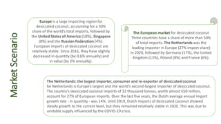 Market
Scenario
Europe is a large importing region for
desiccated coconut, accounting for a 30%
share of the world’s total imports, followed by
the United States of America (10%), Singapore
(8%) and the Russian Federation (4%).
European imports of desiccated coconut are
relatively stable. Since 2016, they have slightly
decreased in quantity (by 0.6% annually) and
in value (by 2% annually).
The European market for desiccated coconut
Three countries have a share of more than 50%
of total imports. The Netherlands was the
leading importer in Europe (27% import share)
in 2020, followed by Germany (17%), the United
Kingdom (13%), Poland (8%) and France (6%).
The Netherlands: the largest importer, consumer and re-exporter of desiccated coconut
he Netherlands is Europe’s largest and the world’s second-largest importer of desiccated coconut.
The country’s desiccated coconut imports of 32 thousand tonnes, worth almost €50 million,
account for 27% of European imports. Over the last five years, the Dutch average annual import
growth rate - in quantity - was 14%. Until 2019, Dutch imports of desiccated coconut showed
steady growth to the current level, but they remained relatively stable in 2020. This was due to
unstable supply influenced by the COVID-19 crisis.