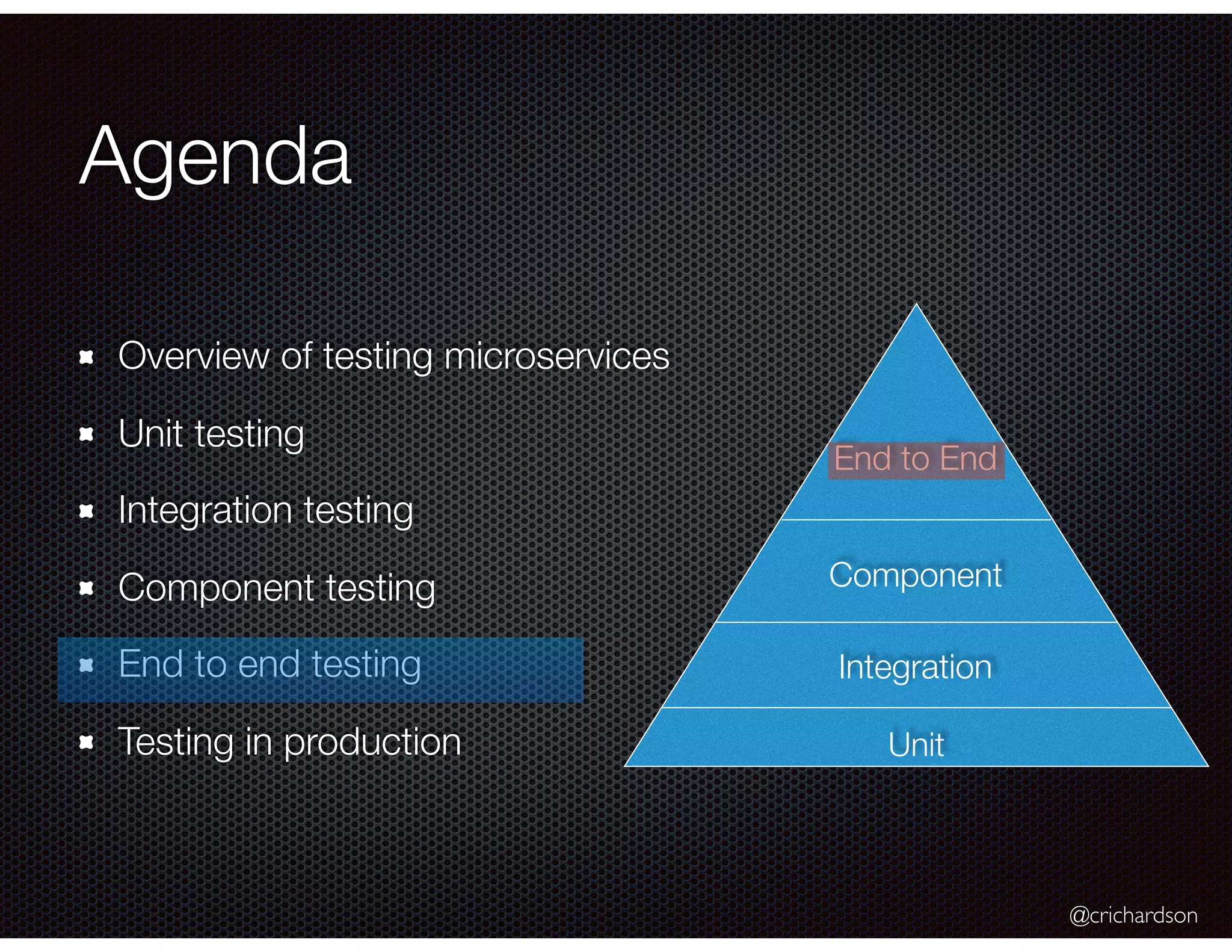 @crichardson Agenda Overview of testing microservices Unit testing Integration testing Component testing End to end testing Testing in production Unit Integration Component End to End 