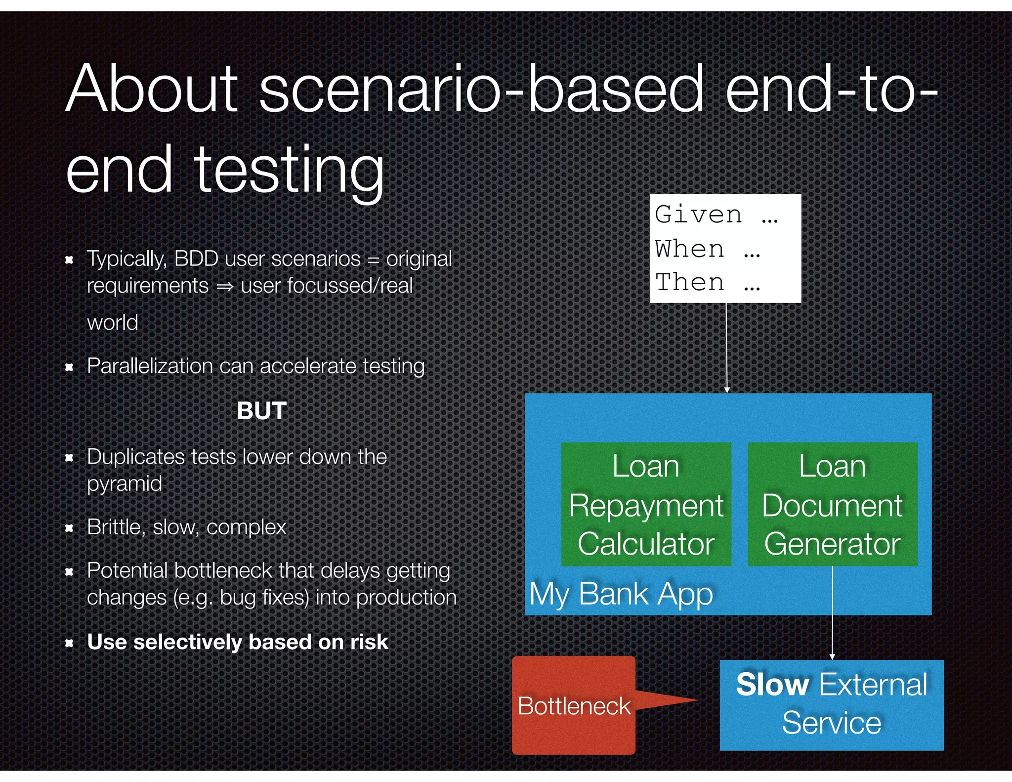 About scenario-based end-to- end testing Typically, BDD user scenarios = original requirements user focussed/real world Parallelization can accelerate testing BUT Duplicates tests lower down the pyramid Brittle, slow, complex Potential bottleneck that delays getting changes (e.g. bug ﬁxes) into production Use selectively based on risk My Bank App Given … When … Then … Loan Repayment Calculator Loan Document Generator Slow External Service Bottleneck 