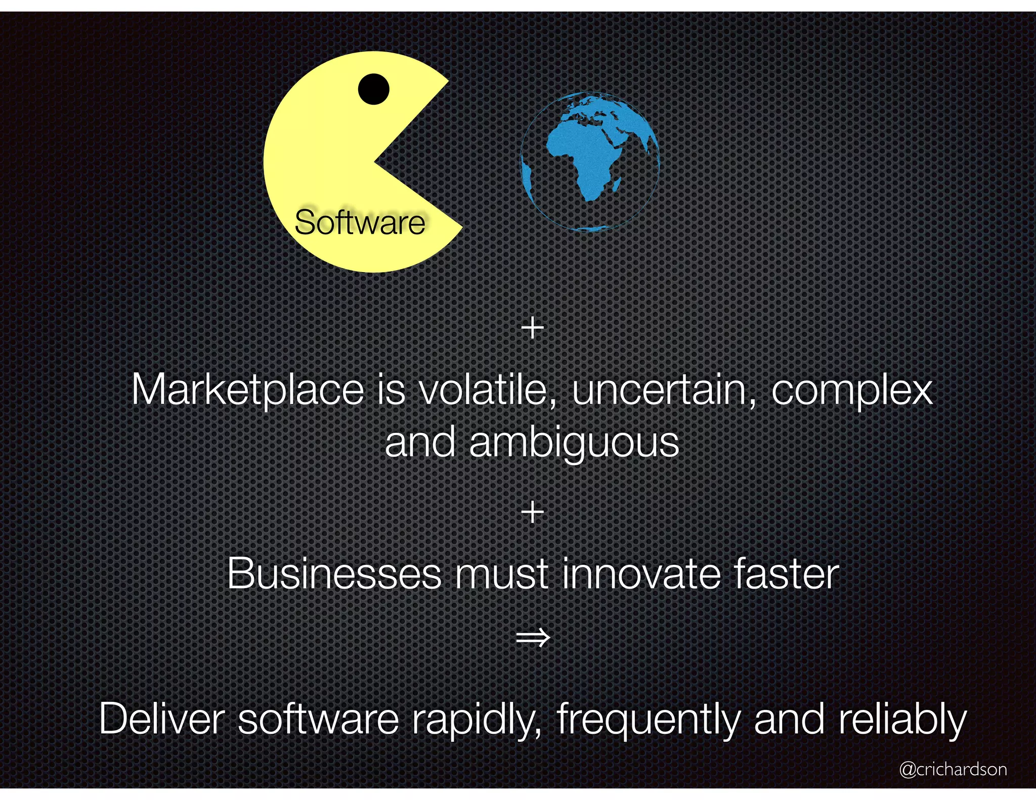 @crichardson + Marketplace is volatile, uncertain, complex and ambiguous + Businesses must innovate faster Deliver software rapidly, frequently and reliably Software 
