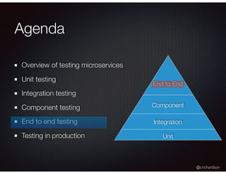 @crichardson
Agenda
Overview of testing microservices
Unit testing
Integration testing
Component testing
End to end testin...