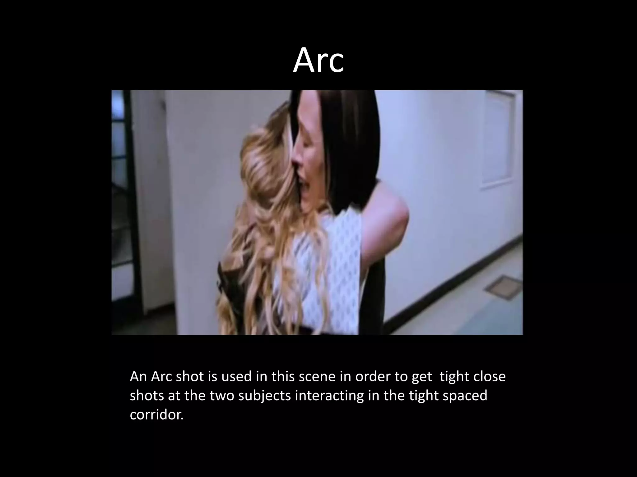 Arc
An Arc shot is used in this scene in order to get tight close
shots at the two subjects interacting in the tight spaced
corridor.
 