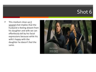 Shot 6 
 This medium close up 4 
second shot implies that the 
husband is feeling distant from 
his daughter and wife we can 
effortlessly tell by his facial 
expressions because while his 
wife's happy with the 
daughter he doesn't feel the 
same. 
 
