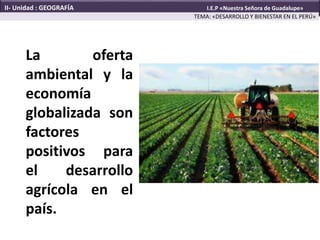 La oferta
ambiental y la
economía
globalizada son
factores
positivos para
el desarrollo
agrícola en el
país.
TEMA: «DESARROLLO Y BIENESTAR EN EL PERÚ»
II- Unidad : GEOGRAFÍA I.E.P «Nuestra Señora de Guadalupe»