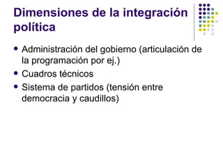 Dimensiones de la integración política Administración del gobierno (articulación de la programación por ej.) Cuadros técnicos Sistema de partidos (tensión entre democracia y caudillos) 