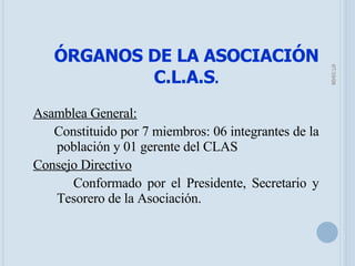 ÓRGANOS DE LA ASOCIACIÓN C.L.A.S . Asamblea General: Constituido por 7 miembros: 06 integrantes de la población y 01 gerente del CLAS Consejo Directivo Conformado por el Presidente, Secretario y Tesorero de la Asociación. 05/06/09 