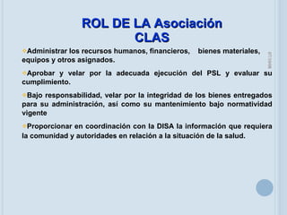 05/06/09 Administrar los recursos humanos, financieros,  bienes materiales, equipos y otros asignados. Aprobar y velar por la adecuada ejecución del PSL y evaluar su cumplimiento. Bajo responsabilidad, velar por la integridad de los bienes entregados para su administración, así como su mantenimiento bajo normatividad vigente Proporcionar en coordinación con la DISA la información que requiera la comunidad y autoridades en relación a la situación de la salud.   ROL DE LA Asociación CLAS 