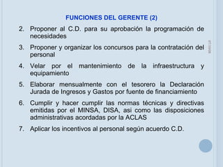 05/06/09 FUNCIONES DEL GERENTE (2) Proponer al C.D. para su aprobación la programación de necesidades Proponer y organizar los concursos para la contratación del personal Velar por el mantenimiento de la infraestructura y equipamiento Elaborar mensualmente con el tesorero la Declaración Jurada de Ingresos y Gastos por fuente de financiamiento Cumplir y hacer cumplir las normas técnicas y directivas emitidas por el MINSA, DISA, asi como las disposiciones administrativas acordadas por la ACLAS Aplicar los incentivos al personal según acuerdo C.D. 