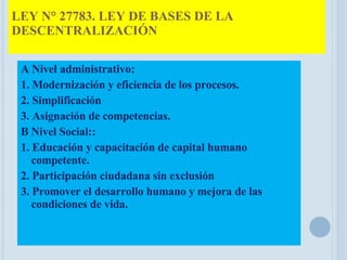LEY N° 27783. LEY DE BASES DE LA DESCENTRALIZACIÓN A Nivel administrativo: 1. Modernización y eficiencia de los procesos. 2. Simplificación 3. Asignación de competencias. B Nivel Social:: 1. Educación y capacitación de capital humano competente. 2. Participación ciudadana sin exclusión 3. Promover el desarrollo humano y mejora de las condiciones de vida. 