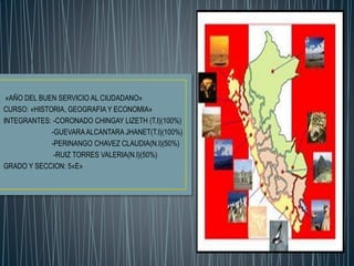 «AÑO DEL BUEN SERVICIO AL CIUDADANO»
CURSO: «HISTORIA, GEOGRAFIA Y ECONOMIA»
INTEGRANTES: -CORONADO CHINGAY LIZETH (T.I)(100%)
-GUEVARAALCANTARA JHANET(T.I)(100%)
-PERINANGO CHAVEZ CLAUDIA(N.I)(50%)
-RUIZ TORRES VALERIA(N.I)(50%)
GRADO Y SECCION: 5«E»
 