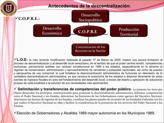 Antecedentes de la descentralización:
                                                          Desarrollo
 C.O.P.R.E.:                                            Sociopolítico

                        Desarrollo                                                          Producción
                        Económico                       C.O.P.R.E
                                                                                            Territorial


                                                      Concentración de los
                                                      Recursos en la Nación

L.O.D.:     la más reciente modificación realizada el pasado 17 de Marzo de 2009, implicó una severa limitación al
proceso de descentralización y al desarrollo local venezolano, en el sentido de que el poder central revirtió competencias
exclusivas, previamente cedidas con carácter constitucional en 1999 a los estados, especialmente en lo atinente al
régimen de conservación, administración y aprovechamiento de carreteras y autopistas nacionales, así como de puertos
y aeropuertos de uso comercial, lo cual fortalece la desconcentración administrativa de funciones en desmedro de la
verdadera descentralización administrativa, ya que cercena la autonomía de los estados a disponer libremente de estas
fuentes de ingresos fiscales en aras del fortalecimiento del desarrollo local, a través del diseño y aplicación de soluciones
propias de cada localidad a la solución de sus necesidades más apremiantes.

 Delimitación y transferencias de competencias del poder público.                                        La presente ley tiene por
objeto desarrollar los principios constitucionales para promover la descentralización administrativa, delimitar competencias
entre el Poder Nacional y los Estados, determinar las funciones de los Gobernadores como agentes del Ejecutivo Nacional,
determinar las fuentes de ingresos de los Estados, coordinar los planes anuales de inversión de las Entidades Federales con los
que realice el Ejecutivo Nacional en ellas y facilitar la transferencia de la prestación de los servicios del Poder Nacional a los
Estados.

Elección de Gobernadores y Alcaldes 1989 mayor autonomía en los Municipios 1989.
 