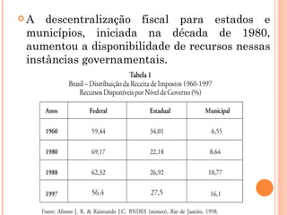 A PRIMEIRA DESCENTRALIZAÇÃO DO SETOR EDUCACIONAL E SUAS CONSEQÜÊNCIAS (1988-1996)  A descentralização fiscal para estados e municípios, iniciada na década de 1980, aumentou a disponibilidade de recursos nessas instâncias governamentais. 