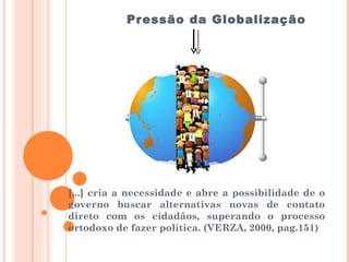 Pressão da Globalização  [...] cria a necessidade e abre a possibilidade de o governo buscar alternativas novas de contato direto com os cidadãos, superando o processo ortodoxo de fazer política. (VERZA, 2000, pag.151) 