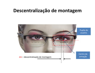 dm – descentralização de montagem
Centro da
armação
Pupila do
usuário.
Descentralização de montagem
 