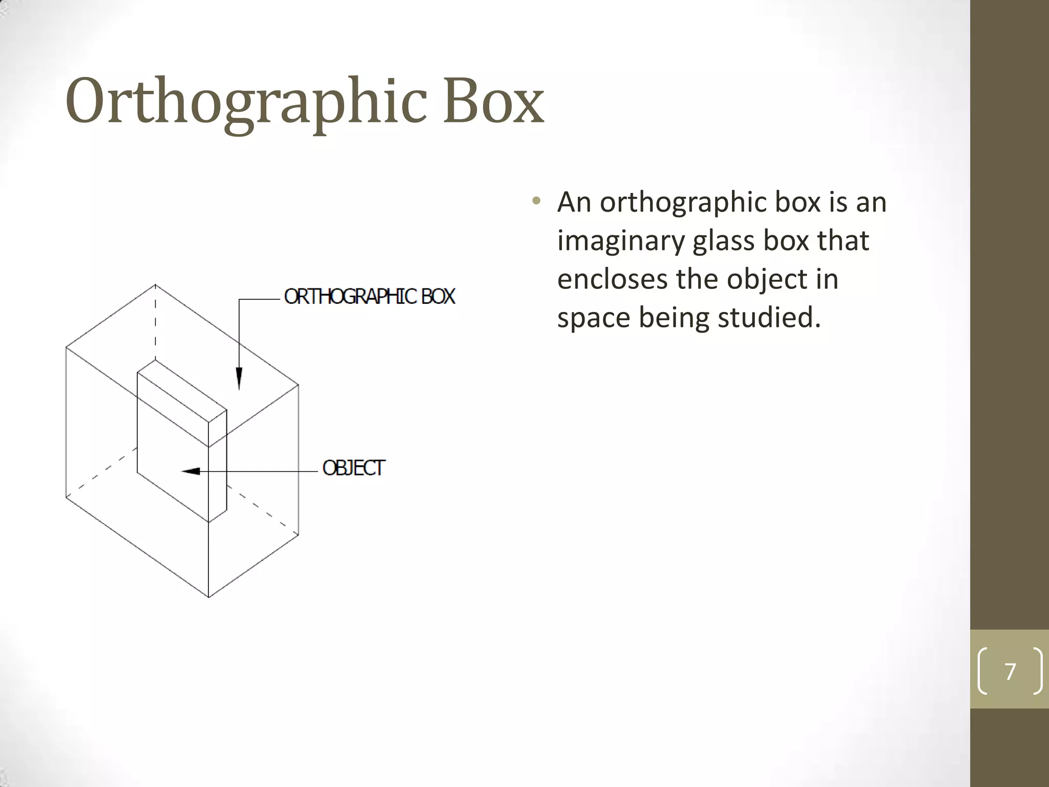 Orthographic Box
               • An orthographic box is an
                 imaginary glass box that
                 encloses the object in
                 space being studied.




                                             7
 