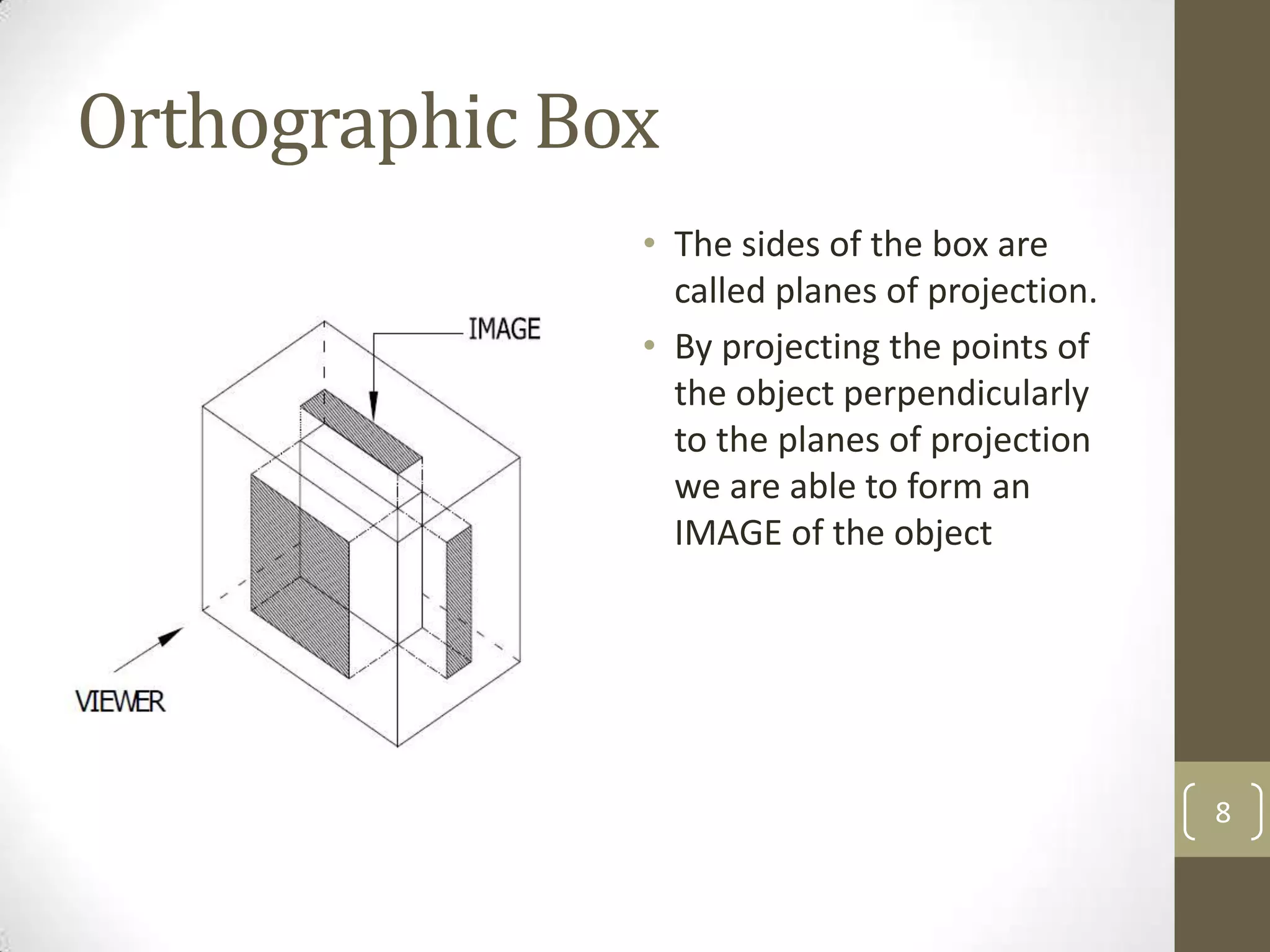 Orthographic Box
               • The sides of the box are
                 called planes of projection.
               • By projecting the points of
                 the object perpendicularly
                 to the planes of projection
                 we are able to form an
                 IMAGE of the object




                                                8
 