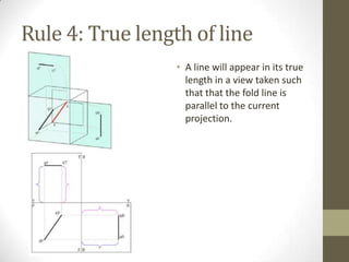 Rule 4: True length of line
                  • A line will appear in its true
                    length in a view taken such
                    that that the fold line is
                    parallel to the current
                    projection.
 