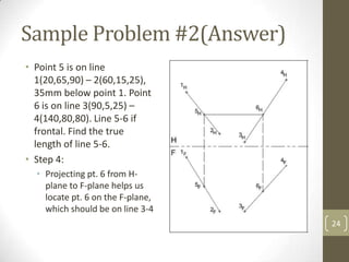 Sample Problem #2(Answer)
• Point 5 is on line
  1(20,65,90) – 2(60,15,25),
  35mm below point 1. Point
  6 is on line 3(90,5,25) –
  4(140,80,80). Line 5-6 if
  frontal. Find the true
  length of line 5-6.
• Step 4:
  • Projecting pt. 6 from H-
    plane to F-plane helps us
    locate pt. 6 on the F-plane,
    which should be on line 3-4
                                   24
 