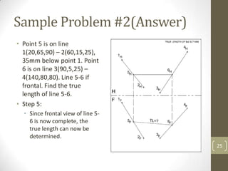 Sample Problem #2(Answer)
• Point 5 is on line
  1(20,65,90) – 2(60,15,25),
  35mm below point 1. Point
  6 is on line 3(90,5,25) –
  4(140,80,80). Line 5-6 if
  frontal. Find the true
  length of line 5-6.
• Step 5:
  • Since frontal view of line 5-
    6 is now complete, the
    true length can now be
    determined.
                                    25
 