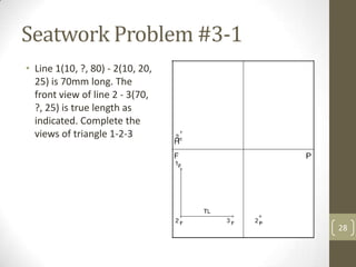 Seatwork Problem #3-1
• Line 1(10, ?, 80) - 2(10, 20,
  25) is 70mm long. The
  front view of line 2 - 3(70,
  ?, 25) is true length as
  indicated. Complete the
  views of triangle 1-2-3




                                  28
 