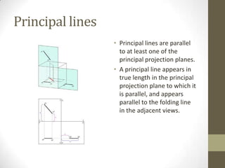 Principal lines
                  • Principal lines are parallel
                    to at least one of the
                    principal projection planes.
                  • A principal line appears in
                    true length in the principal
                    projection plane to which it
                    is parallel, and appears
                    parallel to the folding line
                    in the adjacent views.
 