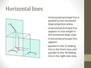 Horizontal lines
                   • A horizontal principal line is
                     parallel to the horizontal
                     (top) projection plane.
                   • A horizontal principal line
                     appears in true length in
                     the horizontal (top) view.
                   • A horizontal principal line
                     appears
                   • parallel to the TF folding
                     line in the front view and
                     parallel to the TR folding
                     line in the right side view.
 