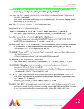 Curso-taller:
“Elaboración del proyecto de gestión”
___________________________________________________________________________________
Constitución Política de los Estados Unidos Mexicanos. (15 de Septiembre de 2017). Obtenido de Diario
Oficial: http://www.diputados.gob.mx/LeyesBiblio/pdf/1_150917.pdf
Federación, D. O. (Ed.). (11 de Septiembre de 2013). Ley del Instituto Nacional para la Evaluación de la
Educación. Obtenido de
https://www.sep.gob.mx/work/appsite/reforma_educativa/Ley_del_Instituto_Nacional_para_la
_Evaluacioon_de_la_Educacion.pdf
INEE. Rutas de evaluación. Directores EB, Julio 2018, Twitter INEE
Ley General del Servicio Profesional Docente. (s.f.).
LINEAMIENTOS PARA LA ORGANIZACIÓN Y FUNCIONAMIENTO DE LOS. (2017). Obtenido de
http://basica.sep.gob.mx/escuela_al_centro/documentos/cte/lineamientosCTE2017.pdf
Normalidad Mínima de Operación Escolar (DOF, 2014). (s.f.). Obtenido de
http://basica.sep.gob.mx/multimedia/RSC/BASICA/Documento/201701/201701-3-RSC-
ARoEDYAN5y-normalidad_minima_de_operacion_escolar.pdf
Parlamentarios, S. d. (Ed.). (2018, última reforma). Ley General de Educación. Última reforma 19 de enero
de 2018. Obtenido de https://legalzone.com.mx/wp-content/uploads/2018/02/PDF-Ley-
General-de-Educaci%C3%B3n-legalzone.com_.mx_.pdf
SEP (Ed.). (2011). Acuerdo 592 por el que se establece la ariculacion de la Educación Básica. Obtenido de
http://i.administracion2014-
2015.guerrero.gob.mx/uploads/2012/06/Acuerdo_592_completo.pdf
SEP (Ed.). (2011). Plan de estudios 2011. Obtenido de
https://www.gob.mx/cms/uploads/attachment/file/20177/Plan_de_Estudios_2011_f.pdf
SEP, C. (Ed.). (2018). Perfil, parámetros e indicadores para personal con funciones de dirección y
supervisión de Educación Básica. Obtenido de
http://servicioprofesionaldocente.sep.gob.mx/content/ba/docs/2017/permanencia/parametro
s_indicadores/PPI_DESEMPE_Directores_080118.pdf
SEP, C. G. (Ed.). (s.f.). Tareas Evaluativas en Plataforma Evaluación del Desempeño. Ciclo Escolar 2017-
2018. Tercer Grupo. Obtenido de Sistema Nacional de Registro del Servicio Profesional Docente:
http://143.137.111.87:8080/pb-
evidencias/;jsessionid=AC84D5E505E8F16AFF9E04FE45D9600C
SEP/CNSPD (Ed.). (2018). Guía académica del sustentante para la evaluación del desempeño del personal
con funciones de dirección al término de su periodo de inducción 2018. Educación Básica. Obtenido
de http://servicioprofesionaldocente.sep.gob.mx/2018/08_A_DIR_EB_2018-2019.pdf
Presentación General del Curso -Taller
32
 