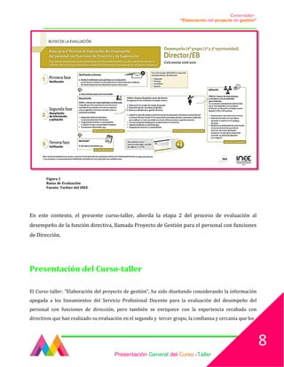 Curso-taller:
“Elaboración del proyecto de gestión”
___________________________________________________________________________________
Figura 1
Rutas de Evaluación
Fuente: Twitter del INEE
En este contexto, el presente curso-taller, aborda la etapa 2 del proceso de evaluación al
desempeño de la función directiva, llamada Proyecto de Gestión para el personal con funciones
de Dirección.
Presentación del Curso-taller
El Curso taller: “Elaboración del proyecto de gestión”, ha sido diseñando considerando la información
apegada a los lineamientos del Servicio Profesional Docente para la evaluación del desempeño del
personal con funciones de dirección, pero también se enriquece con la experiencia recabada con
directivos que han realizado su evaluación en el segundo y tercer grupo, la confianza y cercanía que los
Presentación General del Curso -Taller
8
 