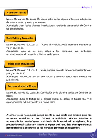 41
Capítulo 3
Condición inicial:
Mateo 24, Marcos 13, Lucas 21: Jesús habla de los signos anteriores, advirtiendo
de falsos mesías, guerras y terremotos.
Apocalipsis: Juan recibe visiones introductorias, revelando la exaltación de Cristo y
las siete iglesias.
Siete Sellos y Trompetas:
Mateo 24, Marcos 13, Lucas 21: Todavía al principio, Jesús menciona tribulaciones
y persecuciones.
Apocalipsis: Juan ve los siete sellos y las trompetas, que simbolizan
acontecimientos a lo largo de la historia de la Iglesia.
Mitad de la Tribulación:
Mateo 24, Marcos 13, Lucas 21: Jesús profetiza sobre la "abominación desoladora"
y la gran tribulación.
Apocalipsis: Introducción de las siete copas y acontecimientos más intensos del
juicio divino.
Regreso triunfal de Cristo:
Mateo 24, Marcos 13, Lucas 21: Descripción de la gloriosa venida de Cristo en las
nubes.
Apocalipsis: Juan es testigo de la llegada triunfal de Jesús, la batalla final y el
establecimiento del nuevo cielo y la nueva tierra.
Al alinear estos relatos, nos damos cuenta de que existe una armonía entre los
sermones proféticos y las visiones apocalípticas. Ambos apuntan a
acontecimientos escatológicos, advirtiendo de la necesidad de vigilancia, fe y
preparación espiritual ante el inminente regreso de Cristo. Esta lectura panorámica
pone de relieve la coherencia de los mensajes proféticos en la Escritura.
antoniojuniorusa - Descifrando el Apocalipsis -
 