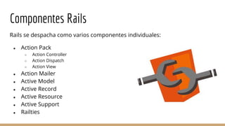 Componentes Rails
Rails se despacha como varios componentes individuales:
● Action Pack
○ Action Controller
○ Action Dispatch
○ Action View
● Action Mailer
● Active Model
● Active Record
● Active Resource
● Active Support
● Railties
 