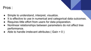 Pros :
● Simple to understand, interpret, visualize.
● It is effective to use in numerical and categorical data outcomes.
● Requires little effort from users for data preparation.
● Nonlinear relationships between parameters do not affect tree
performance.
● Able to handle irrelevant attributes ( Gain = 0 )
 