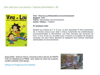 Des clefs pour vos actions « Spécial alimentation » #2
Titre : Vinz et Lou Alimentation et environnement
Support : DVD
Thème : Alimentation et environnement
Auteur / Éditeur : Tralalère
En quelques mots
Destiné aux enfants de 7 à 12 ans, ce Dvd rassemble 27 films d'animation
de 2 minutes chacun pour aider à mieux comprendre les problématiques
environnementales et alimentaires. Les films racontent les aventures de
Vinz, 12 ans, et de Lou, sa petite soeur. A travers un tourbillon de situations
cocasses, les deux héros abordent et expliquent deux thèmes importants
l’alimentation et l’environnement.
Disponibilité : Antenne Vienne, Charente et Deux-Sèvres de l'IREPS.
Outil non labellisé par le PNNS : pour utiliser au mieux ces supports,
veuillez contacter notre équipe.
(Cliquer sur l'image pour les contacter)
 