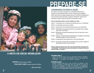 LIÇÃO 6
espere grande coisas de Deus.
procure fazer grande coisas para Deus.
					 —william carey
A META DE DEUS: MOBILIZAR
42]
PREPARE-SE
CHAMANDO OUTROS A AÇÃO
Nas últimas cinco lições, estudamos os fundamentos bíblicos para o
propósito e a paixão global de Deus. Vimos o que falta para completar a
tarefa, examinamos os papéis daquele que envia, do anfitrião e daqueles que
vão. Esta última lição está focada no papel do mobilizador. Você tem sido
abençoado e agora é tempo de transmitir essa bênção a outros.
Para as afirmações abaixo, circule verdadeiro ou falso.
V ou F – Você precisa ser uma pessoa extrovertida para ser um mobilizador.
V ou F –A mobilização se encontra na Bíblia.
V ou F –Você precisa ser formalmente treinado para ser um mobilizador.
V ou F – Mobilização consiste basicamente em compartilhar fatos: ninguém 		
	 quer ouvir a sua história.
V ou F – Mobilização consiste basicamente em fazer com que outros vivam 		
	 em outro país.
V ou F – Apenas 1 de 100 pessoas interessadas em ser agentes transculturais
realmente chegam ao campo missionário.
V ou F –A mobilização é difícil porque não há recursos disponíveis.
V ou F –Os grandes mobilizadores são aqueles que vão, enviam, recebem e
que convidam outros a juntar-se a eles.
Escreva algumas palavras que vêm à sua mente quando você pensa em
“mobilização”. Como tudo isso está relacionado ao coração de Deus em
alcançar todas as nações?
[mobilizador ]
alguém que capacita outros com uma visão global, paixão e estratégia,
ajudando os a se conectar pessoalmente com um dos papéis que
possibilitem a conclusão da Grande Comissão.
[mobilização]
qualquer processo pelo qual o povo de Deus se desperta e siga
em seu movimento e crescimento para que encontre um lugar de
envolvimento estratégico na tarefa de completar a evangelização
mundial. os mobilizadores canalizam recursos importantes, treinamento
e a visão para a evangelização mundial do Corpo de Cristo.6
Respostas:F,V,F,F,F,V,F,V
[43
 