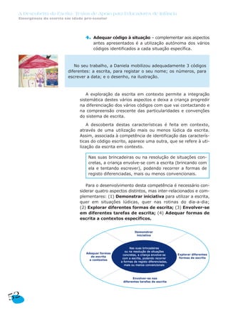 A Descoberta da Escrita: Textos de Apoio para Educadores de Infância
Emergência da escrita em idade pré-escolar
52
4. Adequar código à situação – complementar aos aspectos
antes apresentados é a utilização autónoma dos vários
códigos identificados a cada situação específica.
A exploração da escrita em contexto permite a integração
sistemática destes vários aspectos e deixa a criança progredir
na diferenciação dos vários códigos com que vai contactando e
na compreensão crescente das particularidades e convenções
do sistema de escrita.
A descoberta destas características é feita em contexto,
através de uma utilização mais ou menos lúdica da escrita.
Assim, associada à competência de identificação das caracterís-
ticas do código escrito, aparece uma outra, que se refere à uti-
lização da escrita em contexto.
Para o desenvolvimento desta competência é necessário con-
siderar quatro aspectos distintos, mas inter-relacionados e com-
plementares: (1) Demonstrar iniciativa para utilizar a escrita,
quer em situações lúdicas, quer nas rotinas do dia-a-dia;
(2) Explorar diferentes formas de escrita; (3) Envolver-se
em diferentes tarefas de escrita; (4) Adequar formas de
escrita a contextos específicos.
Nas suas brincadeirasNas suas brincadeiras
ou na resoluçou na resolução de situaçõesão de situações
concretas, a criança envolve-seconcretas, a criança envolve-se
com a escrita, podendo recorrercom a escrita, podendo recorrer
a formas de registo diferenciadas,a formas de registo diferenciadas,
mais ou menos convencionaismais ou menos convencionais
No seu trabalho, a Daniela mobilizou adequadamente 3 códigos
diferentes: a escrita, para registar o seu nome; os números, para
escrever a data; e o desenho, na ilustração.
Nas suas brincadeiras ou na resolução de situações con-
cretas, a criança envolve-se com a escrita (brincando com
ela e tentando escrever), podendo recorrer a formas de
registo diferenciadas, mais ou menos convencionais.
 