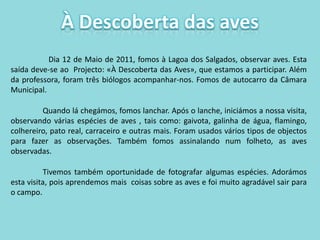 À Descoberta das aves	Dia 12 de Maio de 2011, fomos à Lagoa dos Salgados, observar aves. Esta saída deve-se ao  Projecto: «À Descoberta das Aves», que estamos a participar. Além da professora, foram três biólogos acompanhar-nos. Fomos de autocarro da Câmara Municipal.	Quando lá chegámos, fomos lanchar. Após o lanche, iniciámos a nossa visita, observando várias espécies de aves , tais como: gaivota, galinha de água, flamingo, colhereiro, pato real, carraceiro e outras mais. Foram usados vários tipos de objectos para fazer as observações. Também fomos assinalando num folheto, as aves observadas.	Tivemos também oportunidade de fotografar algumas espécies. Adorámos esta visita, pois aprendemos mais  coisas sobre as aves e foi muito agradável sair para o campo.