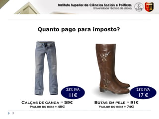 Quanto pago para imposto?




                              23% IVA                            23% IVA
                               11€                               17 €
    Calças de ganga = 59€               Botas em pele = 91€
       (valor do bem = 48€)               (valor do bem = 74€)

3
 