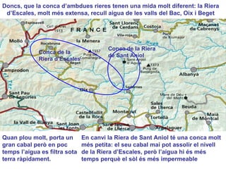 Doncs, que la conca d’ambdues rieres tenen una mida molt diferent: la Riera
d’Escales, molt més extensa, recull aigua de les valls del Bac, Oix i Beget
Quan plou molt, porta un
gran cabal però en poc
temps l’aigua es filtra sota
terra ràpidament.
En canvi la Riera de Sant Aniol té una conca molt
més petita: el seu cabal mai pot assolir el nivell
de la Riera d’Escales, però l’aigua hi és més
temps perquè el sòl és més impermeable
Conca de la
Riera d’Escales
Conca de la Riera
de Sant Aniol
 