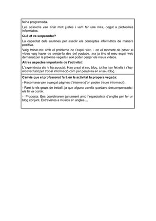 feina programada.
Les sessions van anar molt justes i vam fer una més, degut a problemes
informàtics.
Què et va sorprendre?
La capacitat dels alumnes per assolir els conceptes informàtics de manera
positiva.
Vaig trobar-me amb el problema de l’espai web, i en el moment de posar el
vídeo vaig haver de penjar-lo des del youtube, ara ja tinc el meu espai web
demanat per la pròxima vegada i així poder penjar els meus vídeos.
Altres aspectes importants de l’activitat:
L’experiència els hi ha agradat. Han creat el seu blog, tot ho han fet ells i s’han
motivat tant per trobar informació com per penjar-la en el seu blog.
Canvis que el professorat farà en la activitat la propera vegada:
- Recomanar per avançat pàgines d’internet d’on poden treure informació.
- Faré jo els grups de treball, ja que alguna parella quedava descompensada i
els hi va costar.
- Proposta: Ens coordinarem juntament amb l’especialista d’anglès per fer un
blog conjunt. Entrevistes a músics en angles...,
 