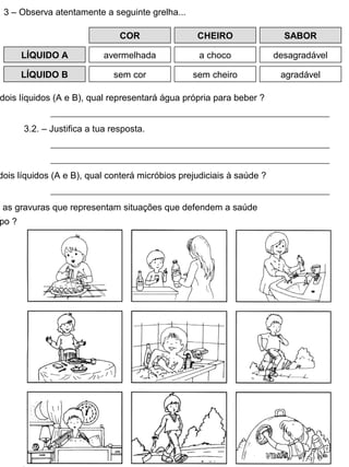 3 – Observa atentamente a seguinte grelha...
COR CHEIRO SABOR
LÍQUIDO A
LÍQUIDO B
avermelhada a choco desagradável
sem cor sem cheiro agradável
dois líquidos (A e B), qual representará água própria para beber ?
3.2. – Justifica a tua resposta.
dois líquidos (A e B), qual conterá micróbios prejudiciais à saúde ?
s as gravuras que representam situações que defendem a saúde
po ?
 