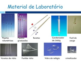 Material de Laboratório




 Pipetas           Pipetas        Buretas          Condensador       Funil de
 volumétricas      graduadas                       de Liebig         carga




Varetas de vidro      Funilde vidro         Vidro de relógio     cristalizador
 