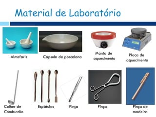 Material de Laboratório



                                         Manta de      Placa de
   Almofariz     Cápsula de porcelana   aquecimento   aquecimento




Colher de      Espátulas      Pinça       Pinça          Pinça de
Combustão                                                madeira
 