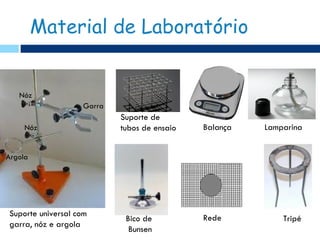 Material de Laboratório


   Nóz
                    Garra
                            Suporte de
     Nóz                    tubos de ensaio   Balança   Lamparina


Argola




Suporte universal com                         Rede
                             Bico de                        Tripé
garra, nóz e argola
                              Bunsen
 