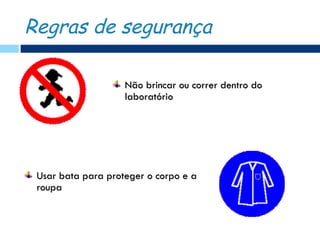 Regras de segurança

                    Não brincar ou correr dentro do
                    laboratório




 Usar bata para proteger o corpo e a
 roupa
 