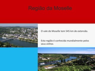 Região da Moselle O vale do Moselle tem 545 km de extensão. Esta região é conhecida mundialmente pelos seus vinhos  