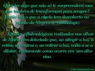 Quer ler algo que não só te surpreenderá mas que também de transformará para sempre?  Então leia o que a ciência tem descoberto no manto da Virgem de Guadalupe: 1.   Estudos oftalmológicos realizados nos olhos de María tem detectado que, ao atingir a luz, a retina se contrai e, ao retirar a luz, volta a se a  dilatar, exatamente como ocorre em  um olho vivo.   [email_address] 