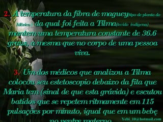 2.   A temperatura da fibra de maguey ( tipo de planta do México  )  da qual foi feita a Tilma (tecido   indígena)  mantem uma temperatura constante de 36.6 graus, a mesma que no corpo de uma pessoa viva.   3.   Um dos médicos que analizou a Tilma colocou seu estetoscopio debaixo da fita que Maria tem (sinal de que esta grávida) e escutou batidos que se repetem ritmamente em 115 pulsações por minuto, igual que em um bebê no ventre materno.   [email_address] 