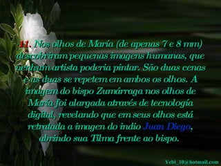 11.  Nos olhos de María (de apenas 7 e 8 mm) descobriram pequenas imagens humanas, que nenhum artista poderia pintar. São duas cenas e as duas se repetem em ambos os olhos. A imagem do bispo Zumárraga nos olhos de María foi alargada através de tecnología digital, revelando que em seus olhos está retratada a imagen do indio  Juan Diego , abrindo sua Tilma frente ao bispo.   [email_address] 