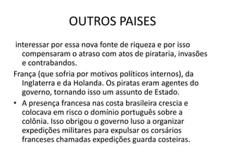 OUTROS PAISES
 interessar por essa nova fonte de riqueza e por isso
   compensaram o atraso com atos de pirataria, invasões
   e contrabandos.
França (que sofria por motivos políticos internos), da
   Inglaterra e da Holanda. Os piratas eram agentes do
   governo, tornando isso um assunto de Estado.
• A presença francesa nas costa brasileira crescia e
   colocava em risco o domínio português sobre a
   colônia. Isso obrigou o governo luso a organizar
   expedições militares para expulsar os corsários
   franceses chamadas expedições guarda costeiras.
 
