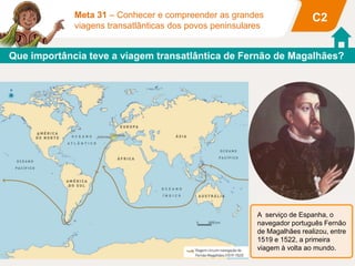 Que importância teve a viagem transatlântica de Fernão de Magalhães?
C2Meta 31 – Conhecer e compreender as grandes
viagens transatlânticas dos povos peninsulares
A serviço de Espanha, o
navegador português Fernão
de Magalhães realizou, entre
1519 e 1522, a primeira
viagem à volta ao mundo.
 
